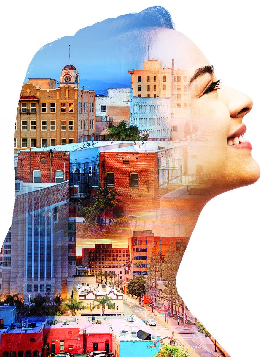 Girl profile looking upward with creative mask overlay